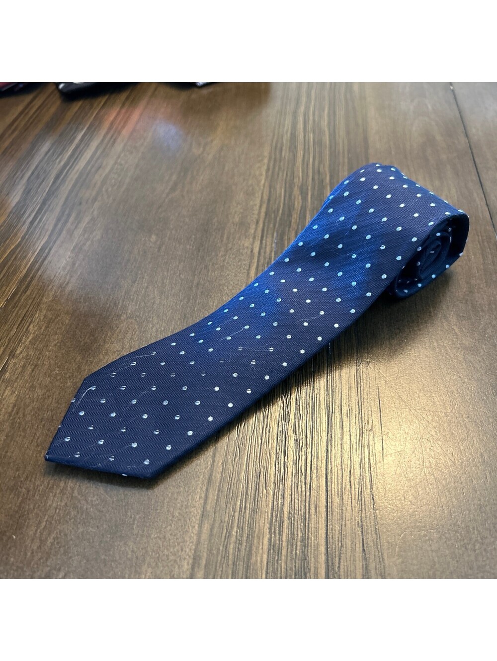 John Lewis & Partners Navy Blue Polka Dot Silk Tie Herringbone Men’s Necktie